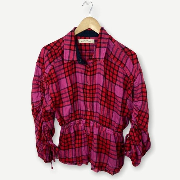 NWT Free People Pacific Dawn Plaid Shirt Drawstring Size Small Pink Red Bohemian - Picture 12 of 13